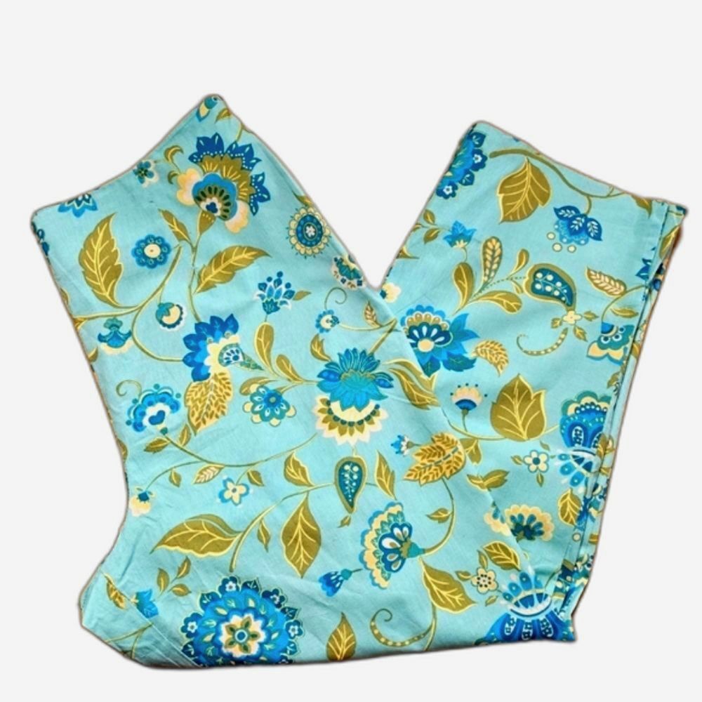 Baranda Aqua & Gold Floral Print Side Zipper Stretch Capri Pants